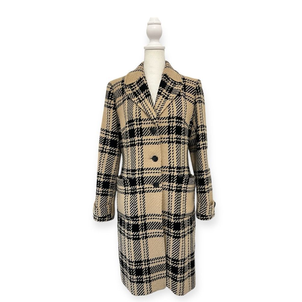 Ann Taylor Loft Plaid Tan/Black Wool Blend Coat, Size 6P